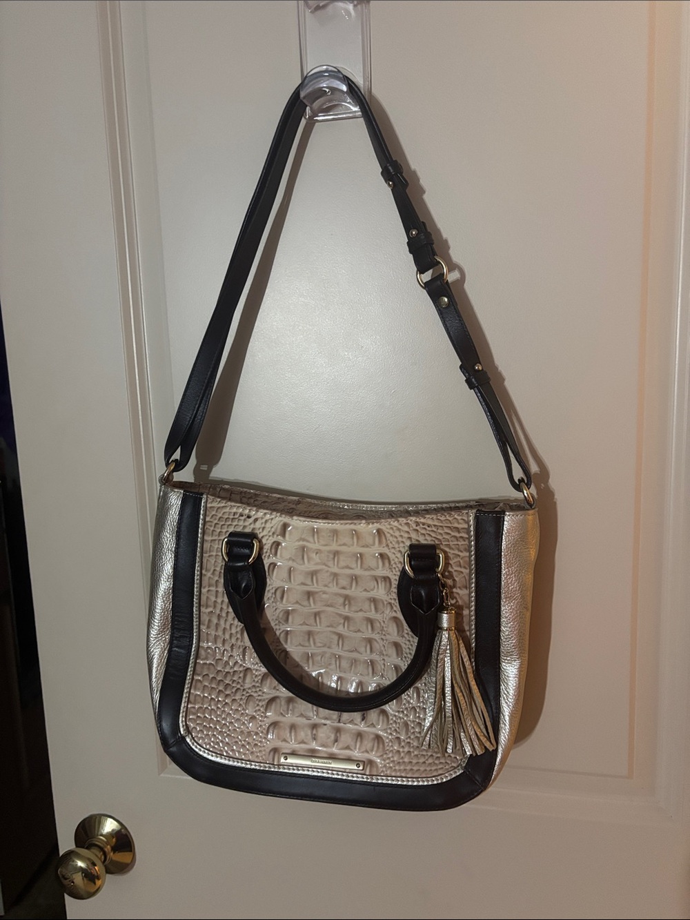 Brahmin Metallic Croc-Embossed Shoulder Bag with Black Trim